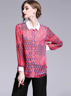 Color-blocked Turn Down Collar Single-breasted Blouse