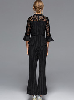 Lace Splicing Flare Sleeve Slim Top & Striped Flare Pants
