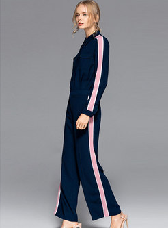 Color-blocked Lapel Single-breasted Blouse & High Waist Wide Leg Pants