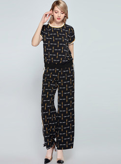Casual O-neck Short Sleeve Print Pant Suits