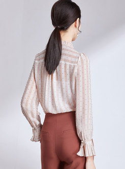 Striped Ruffled Collar Flare Sleeve Single-breasted Blouse