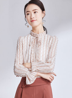 Striped Ruffled Collar Flare Sleeve Single-breasted Blouse