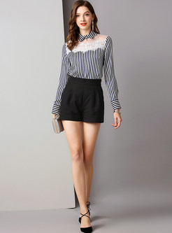 Sweet Turn Down Collar Perspective Mesh Splicing Blouse