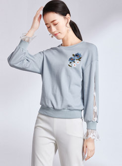 Casual Lace Splicing O-neck Embroidered Loose Sweatshirt