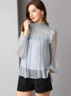 Standing Collar Perspective Silk Blouse With Sling