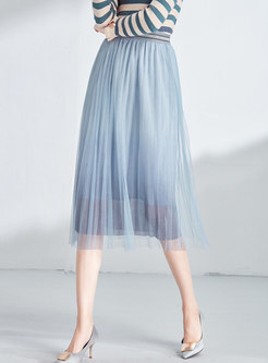 Stylish Gauze Elastic Waist Pleated Skirt
