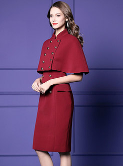 Solid Color Sleeveless Sheath Dress & Stand Collar Double-breasted Cape