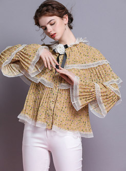 Sweet Lace Splicing Flare Sleeve Single-breasted Pleated Blouse
