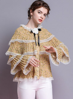 Sweet Lace Splicing Flare Sleeve Single-breasted Pleated Blouse