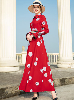 Red Vintage Lapel Long Sleeve Polka Dot Big Hem Dress
