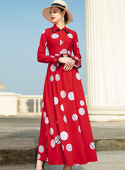 Red Vintage Lapel Long Sleeve Polka Dot Big Hem Dress