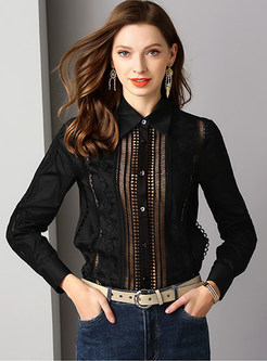 Lapel Long Sleeve Hollow Out Solid Color Blouse