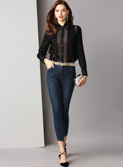 Lapel Long Sleeve Hollow Out Solid Color Blouse