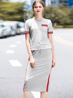 Casual O-neck Short Sleeve T-shirt & Elastic Waist Skirt