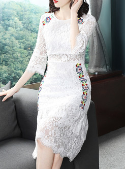 Sweet Three Quarters Sleeve Lace Embroidered Dress