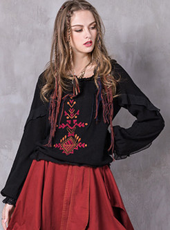 Retro O-neck Long Sleeve Embroidered Blouse