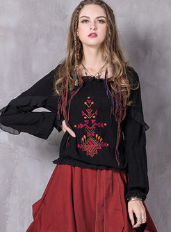 Retro O-neck Long Sleeve Embroidered Blouse