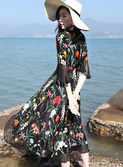 Stylish V-neck Flare Sleeve Waist Print Silk Dress