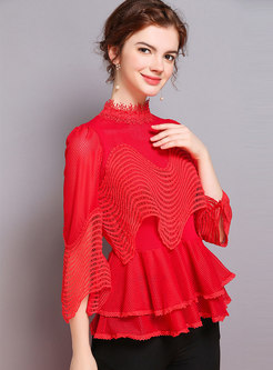 Pure Color Stand Collar Hollow Out Falbala Blouse