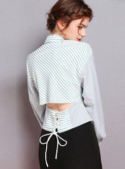 Chic Striped Lapel Hollow Out Tied Blouse