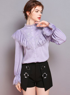 Purple Stand Collar Flare Sleeve Single-breasted Blouse