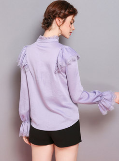 Purple Stand Collar Flare Sleeve Single-breasted Blouse