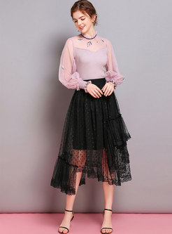 Mesh Splicing Ruffled Collar Embroidered Slim Knitted Sweater