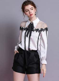 Chic Lace Splicing Bowknot Lapel See-through Blouse