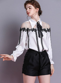 Chic Lace Splicing Bowknot Lapel See-through Blouse