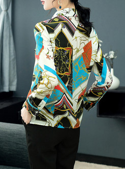 Color-blocked Turn Down Collar Long Sleeve Print Blouse