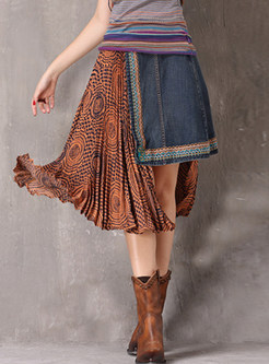 High Waist Asymmetric Splicing Pleated Skirt