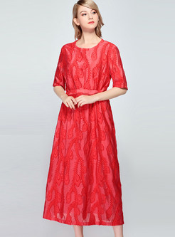 Elegant Solid Color O-neck Short Sleeve Waist Dress