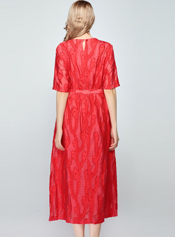 Elegant Solid Color O-neck Short Sleeve Waist Dress