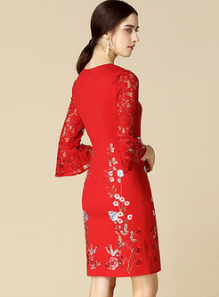 Elegant O-neck Flare Sleeve Embroidered Bodycon Dress