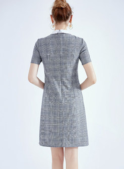 Color-blocked Lapel Short Sleeve Embroidered Plaid Dress