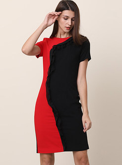 Color-blocked O-neck Short Sleeve Slim Bodycon Dress