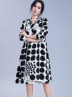 Lapel Long Sleeve Polka Dot Plus Size Shift Dress
