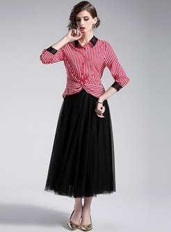 Striped Lapel Asymmetric Blouse & Mesh A Line Skirt