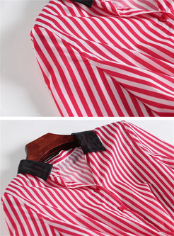 Striped Lapel Asymmetric Blouse & Mesh A Line Skirt