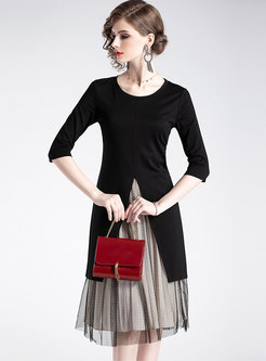 Black O-neck Slit Long Top & Elastic Waist Gauze Skirt