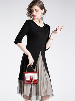 Black O-neck Slit Long Top & Elastic Waist Gauze Skirt