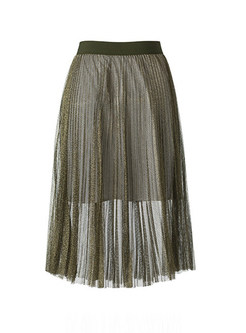 Solid Color High Waist Mesh Splicing Pleated Skirt