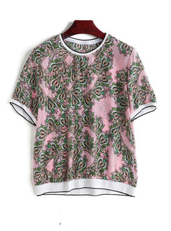 Print O-neck Short Sleeve Silk Pullover T-shirt