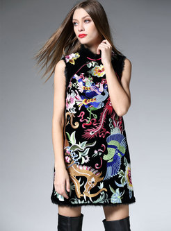 Retro Ethnic Embroidered Stand Collar Sleeveless Shift Dress