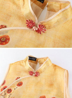Vintage Mandarin Collar Print Sleeveless Shift Mini Dress