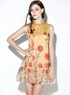 Vintage Mandarin Collar Print Sleeveless Shift Mini Dress
