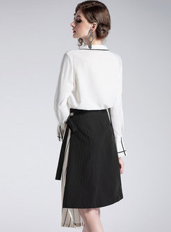 Color-blocked Notched Single-breasted Blouse & Striped Tie-waist Asymmetric Skirt