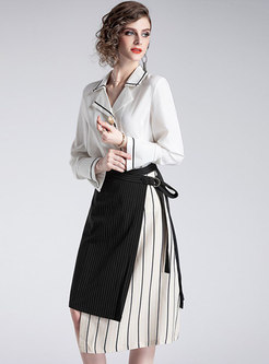 Color-blocked Notched Single-breasted Blouse & Striped Tie-waist Asymmetric Skirt