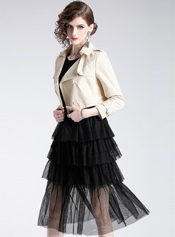 Black O-neck Sleeveless Layered Dress & Turn Down Collar Short Coat