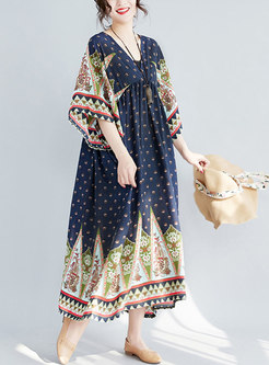 Ethnic Print V-neck High Waist Hem Maxi Dress